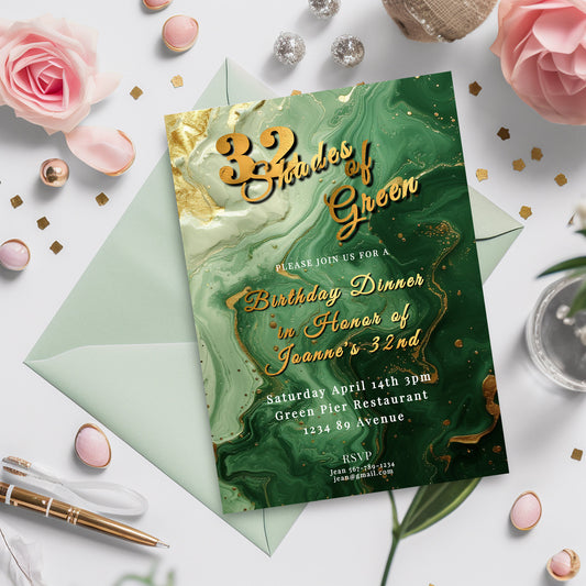 Emerald Green Birthday Invitation: Gold Foil, Agate Design (Editable, Printable)