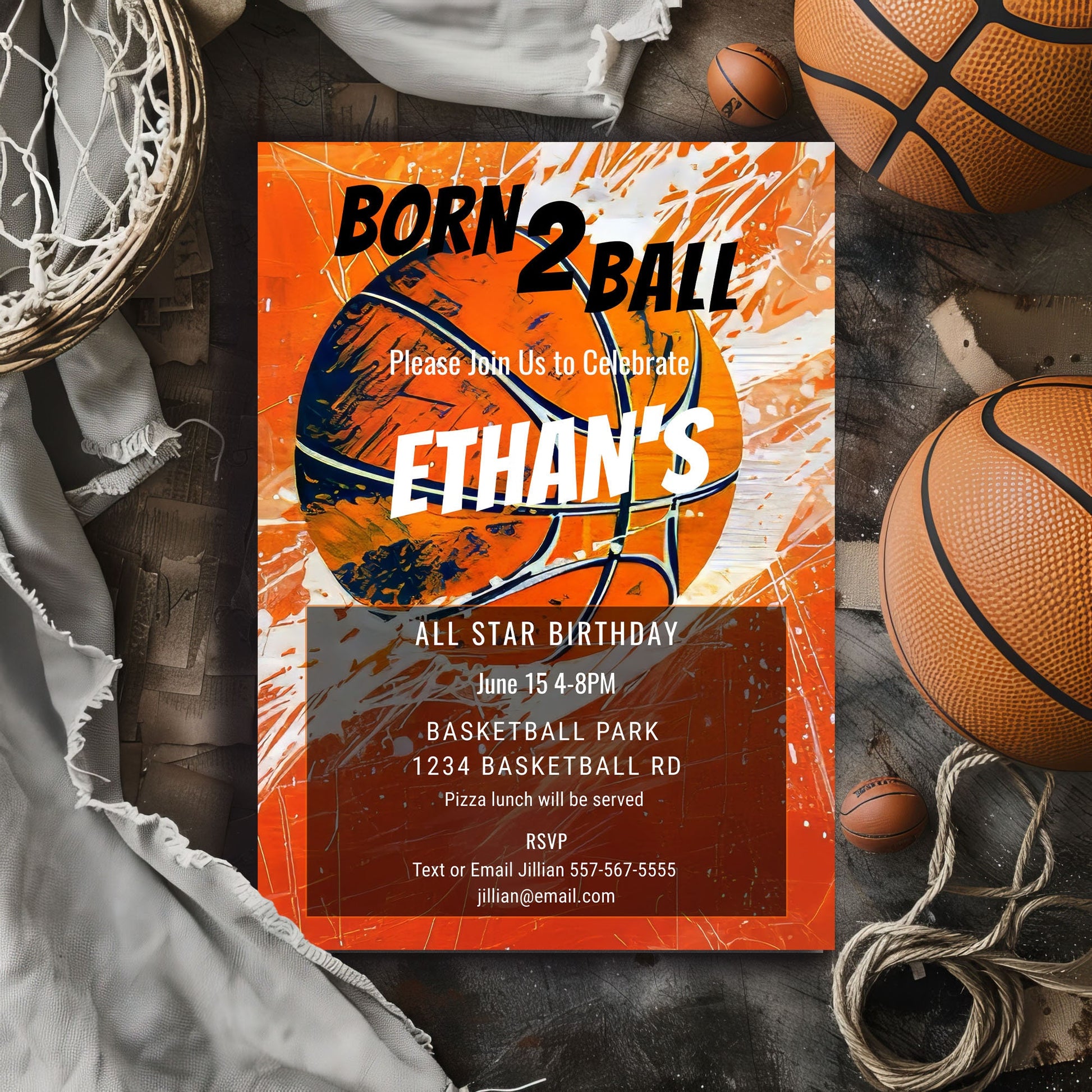 Basketball Birthday Invitation: Grunge Sports Party, Editable 5x7 (Printable Template)