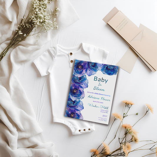 Blue Floral Baby Shower Invitation | Alcohol Ink Editable Template | Baby in Bloom Digital Download