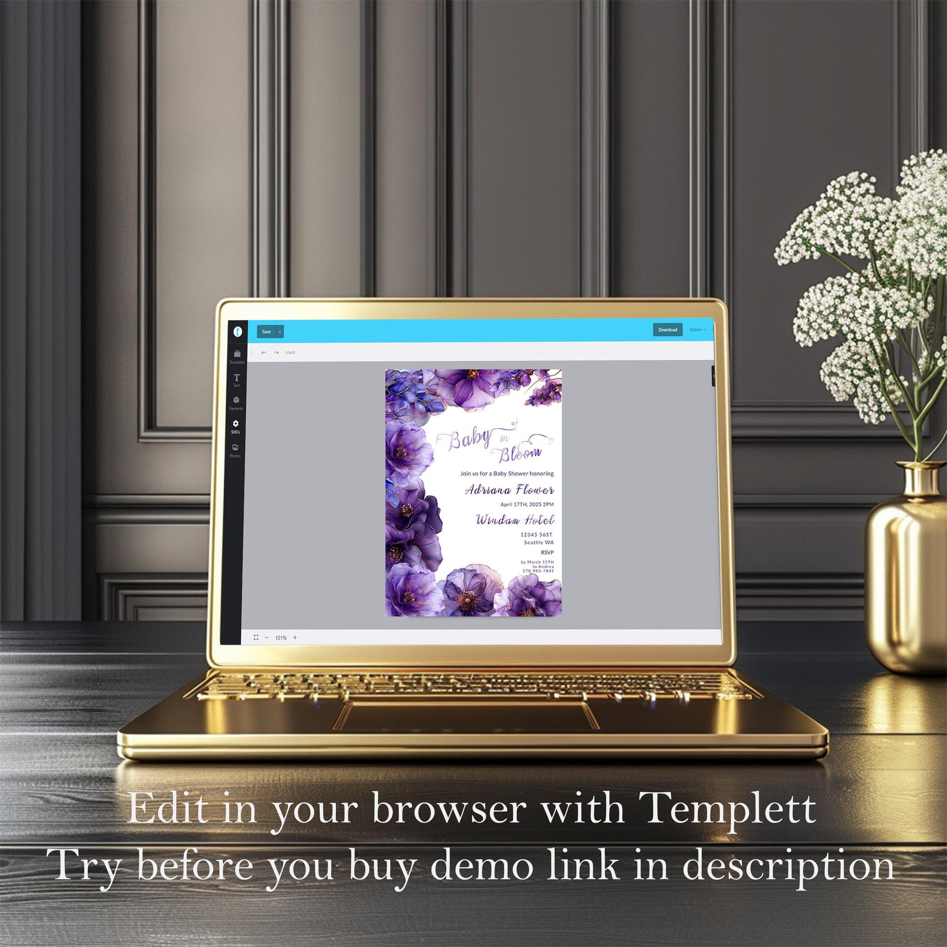 Purple Floral Baby Shower Invitation | Alcohol Ink Editable Design | Digital Download Template