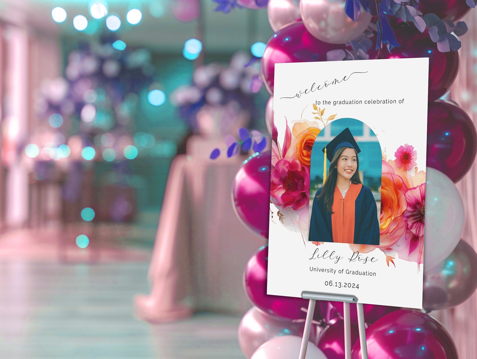 Pink Orange Graduation Welcome sign-High School Grad-College Graduation-University Grad Poster-Class of 2024-Editable Photo Arch-Florals