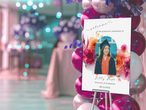 Pink Orange Graduation Welcome sign-High School Grad-College Graduation-University Grad Poster-Class of 2024-Editable Photo Arch-Florals
