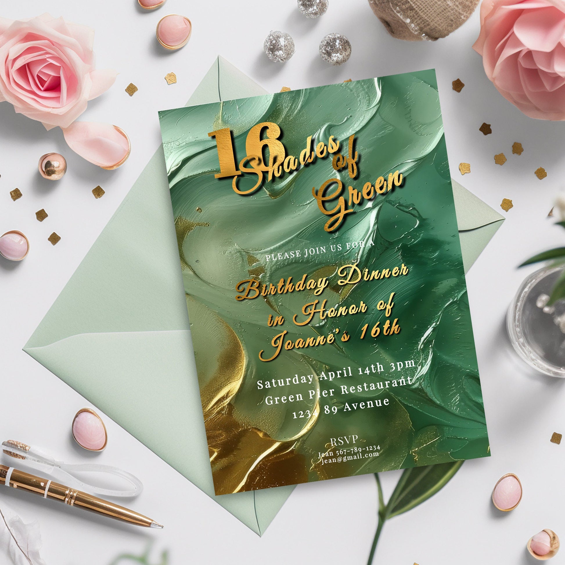 Green Birthday Invitation – Editable 16th Birthday Invite with Gold Foil & Emerald Green Design