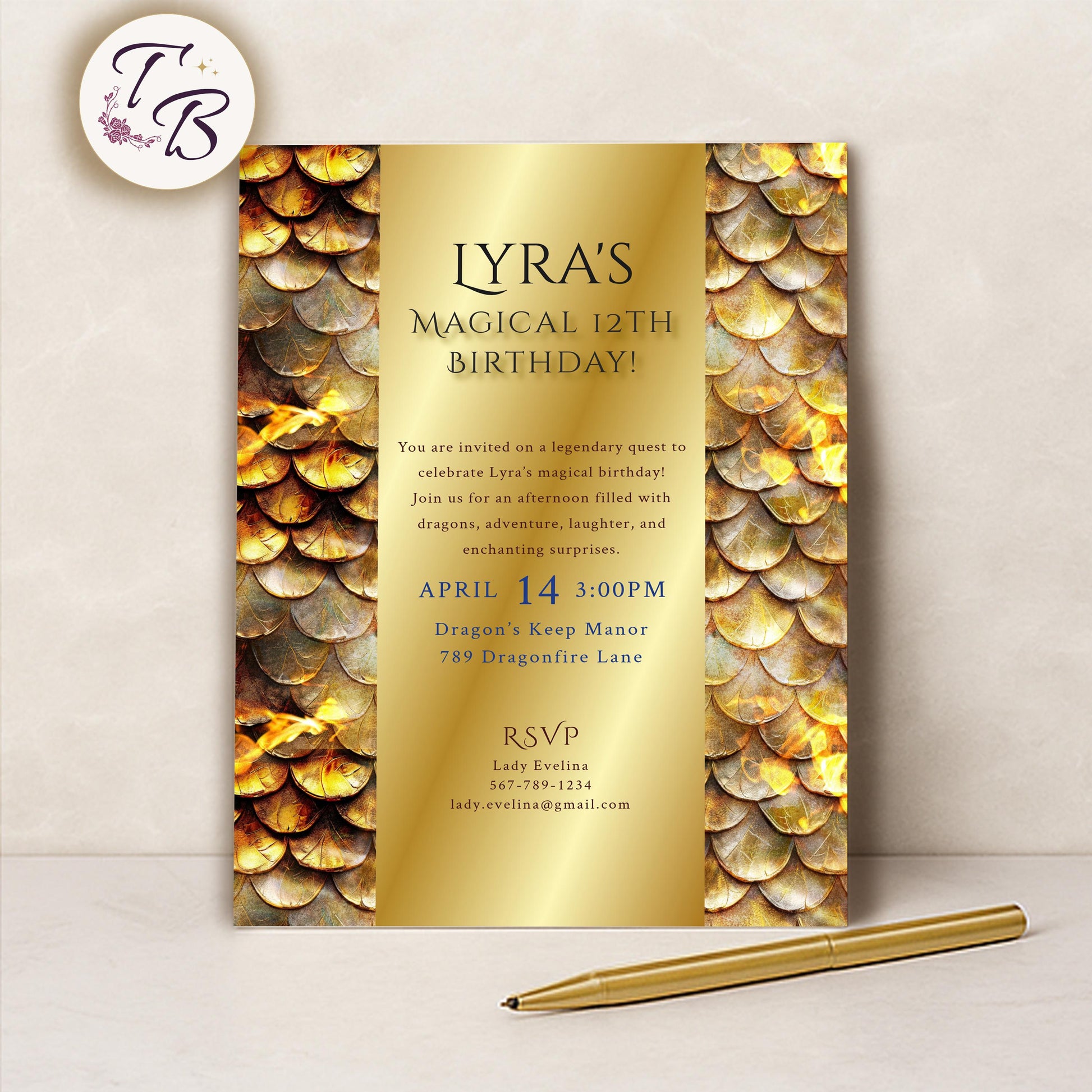 Dragon Birthday Invitation - Editable Party Template With Golden Scales & Medieval Design