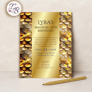 Dragon Birthday Invitation - Editable Party Template With Golden Scales & Medieval Design