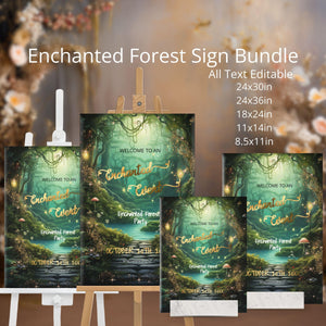 Enchanted Forest Welcome Sign Bundle Template | Editable Digital Party Decor & Poster Set | Fantasy Lux Instant Download