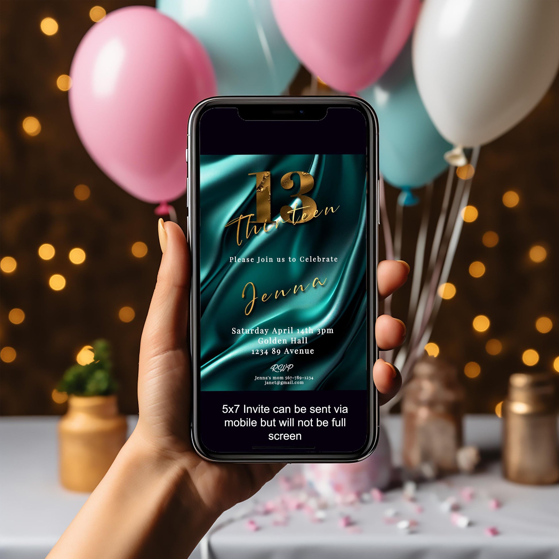 13th Birthday invitation girl teal-Invite Template - Official teenager-editable Digital Download, Teal and Gold-Teen Birthday