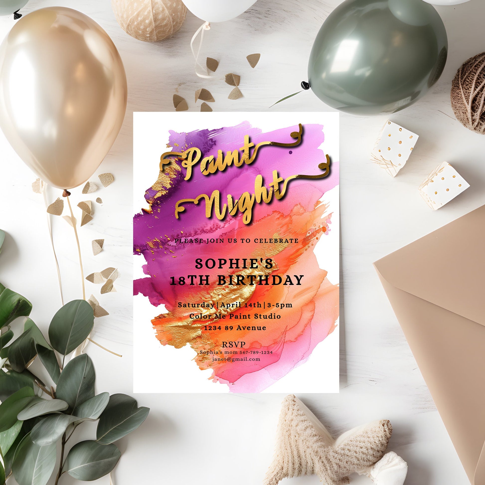 Paint Night Birthday Invitation | Editable 5x7 Template | Colorful Art Party Printable