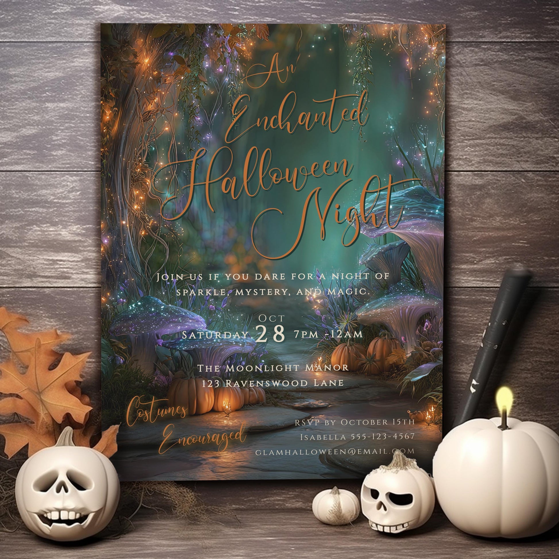 Halloween Party Invitation – Editable Pumpkin Template | Glam Enchanted Forest Invite