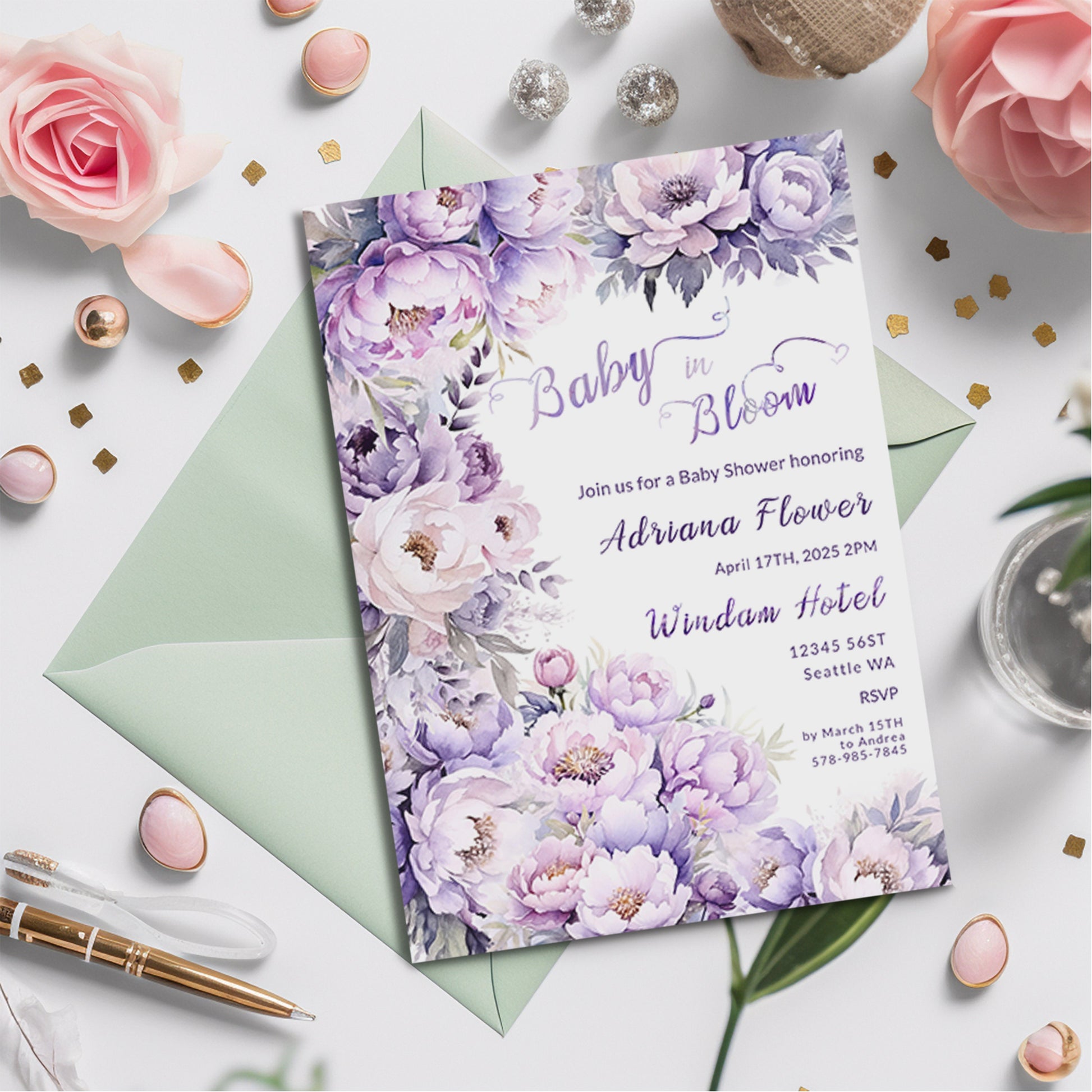 Lavender Floral Baby Shower Invitation: Editable Template (Digital Download)