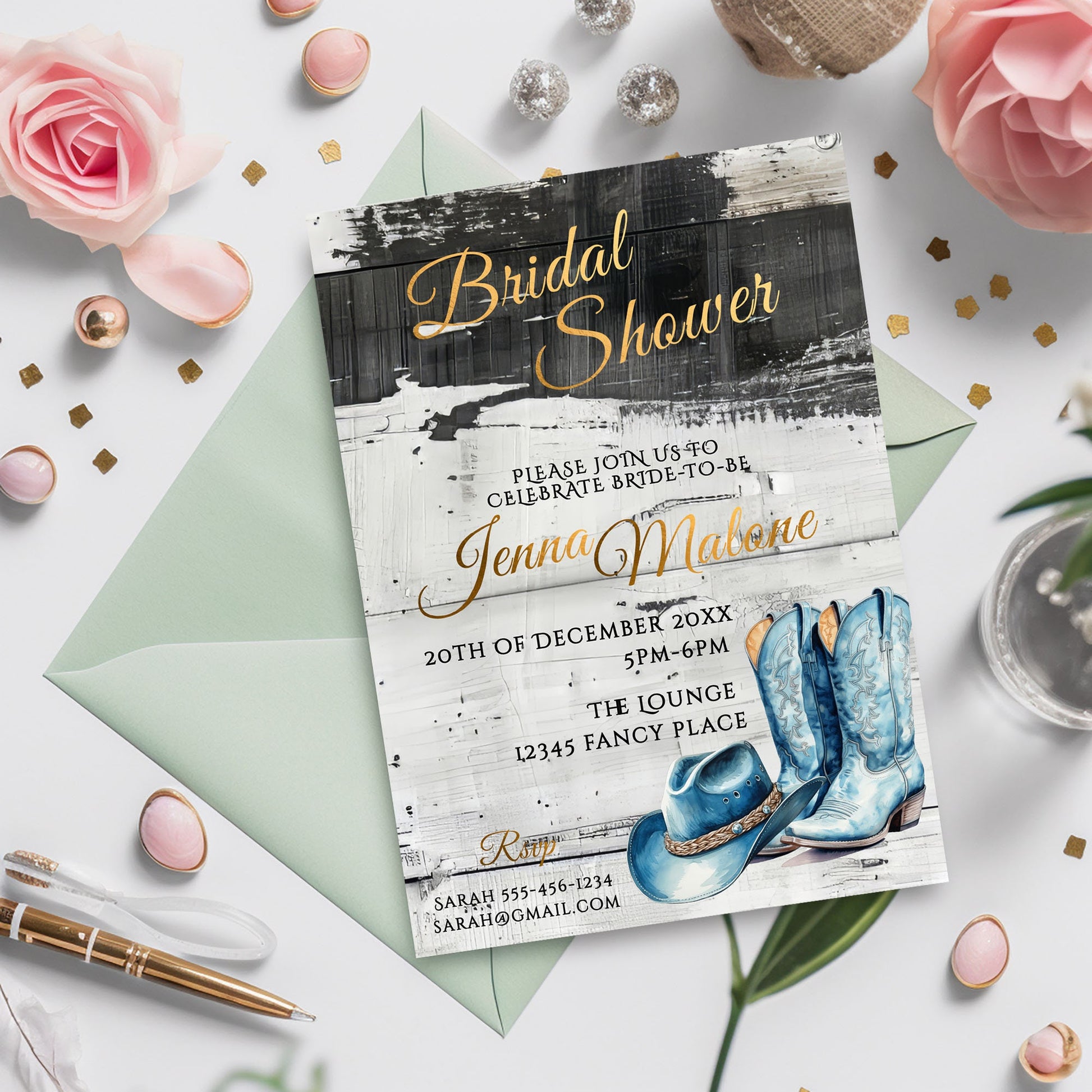 Blue Coastal Cowgirl Bridal Shower Invitation Template | Rustic Gold