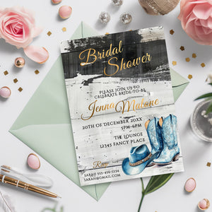 Blue Coastal Cowgirl Bridal Shower Invitation Template | Rustic Gold