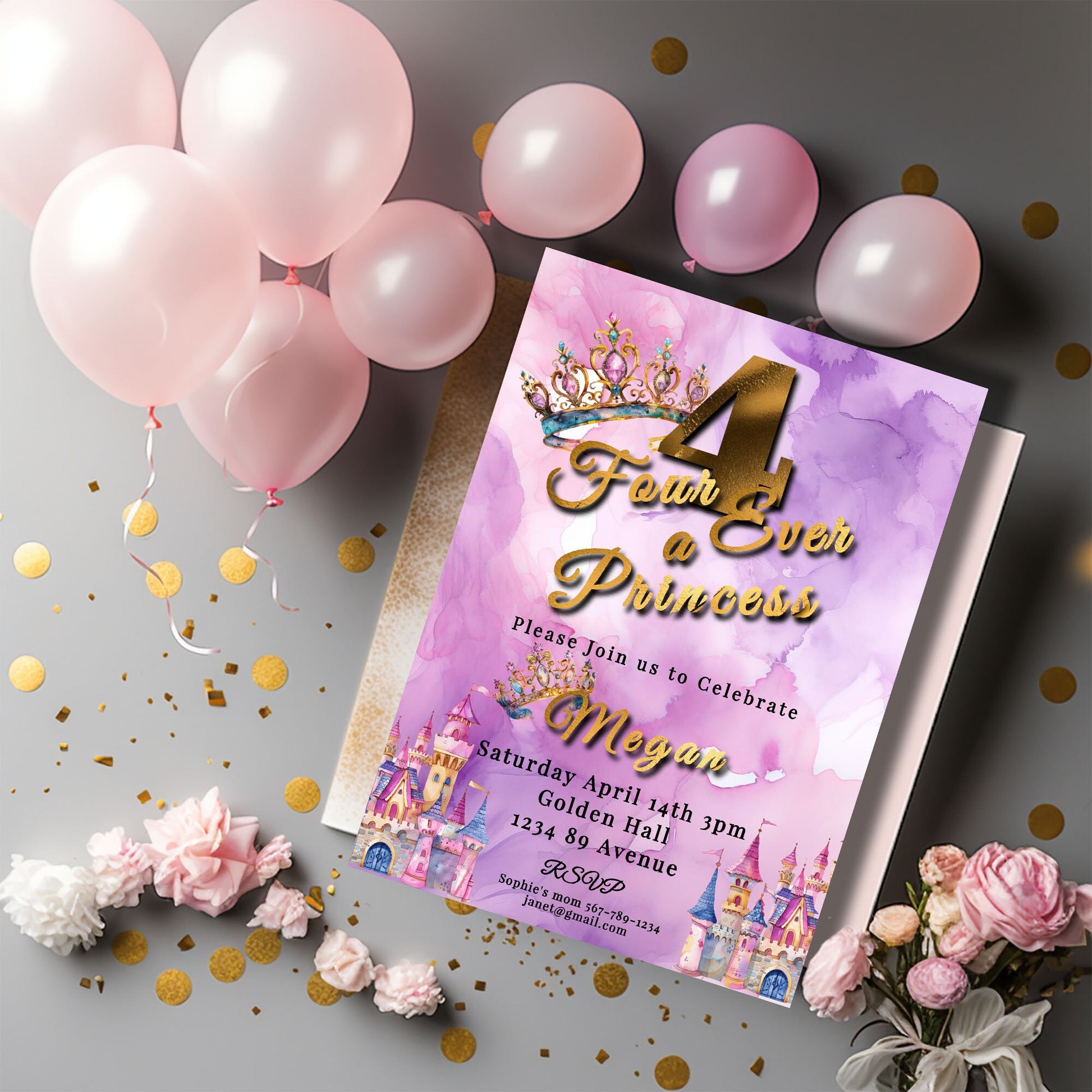 Princess 4th Birthday Invitation: Pink Purple Watercolor (5x7 Printable)