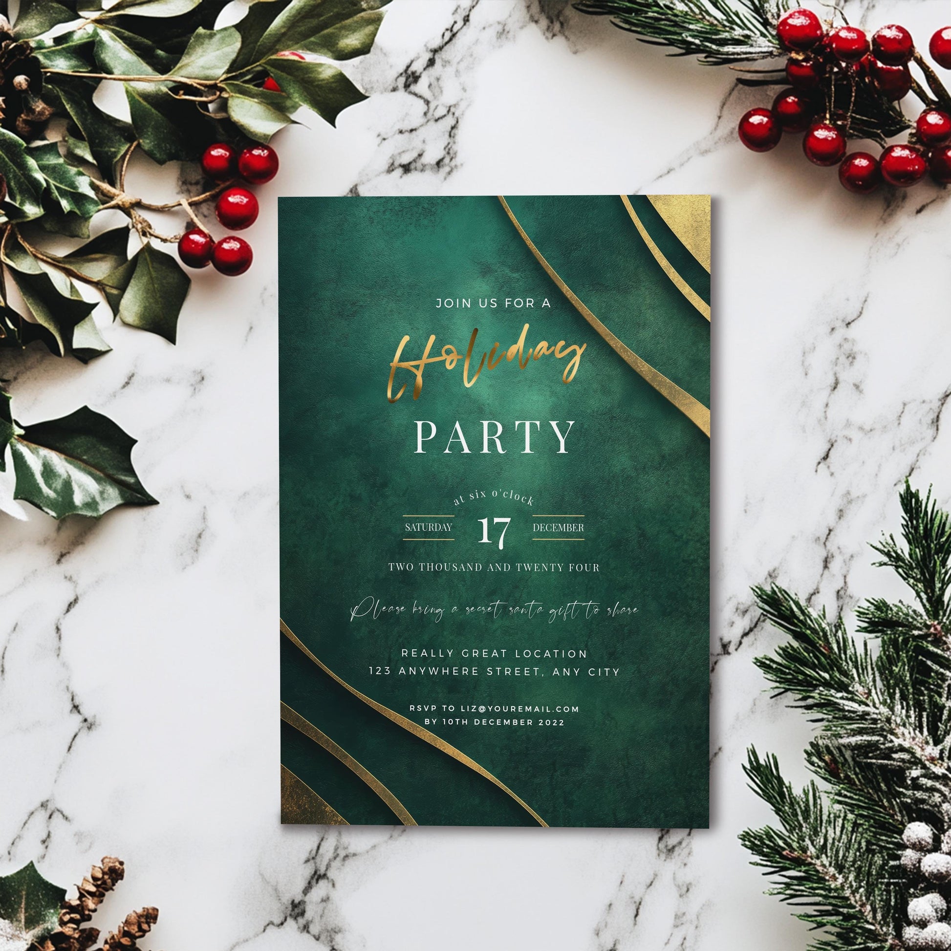 Emerald Green and Gold Christmas Holiday Party Invite 5x7 - Instant Download,  Formal party invitation