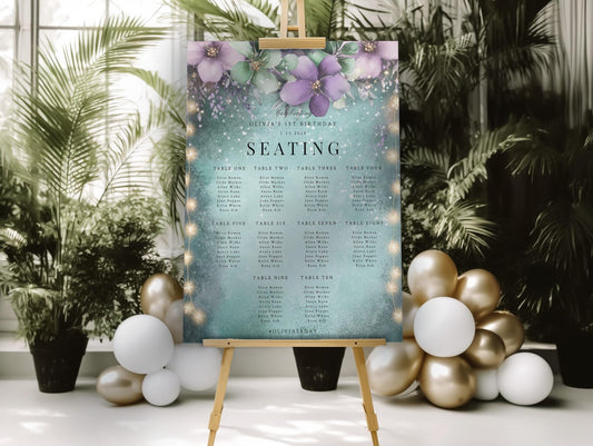 Green & Purple Watercolor Seating Chart – Whimsical Garden Sign Template