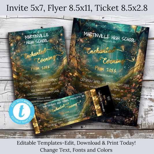 Enchanted Forest Prom Bundle | Invitation, Flyer & Ticket Editable Templates