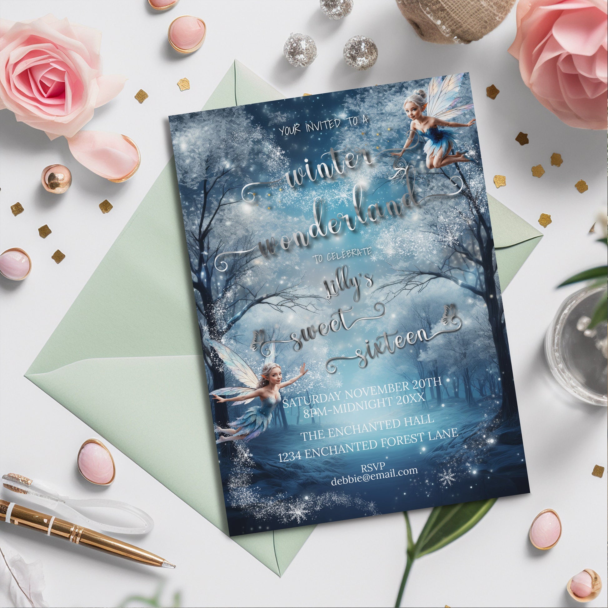 Winter Wonderland Sweet 16 Invitation | Enchanted Forest Editable Template