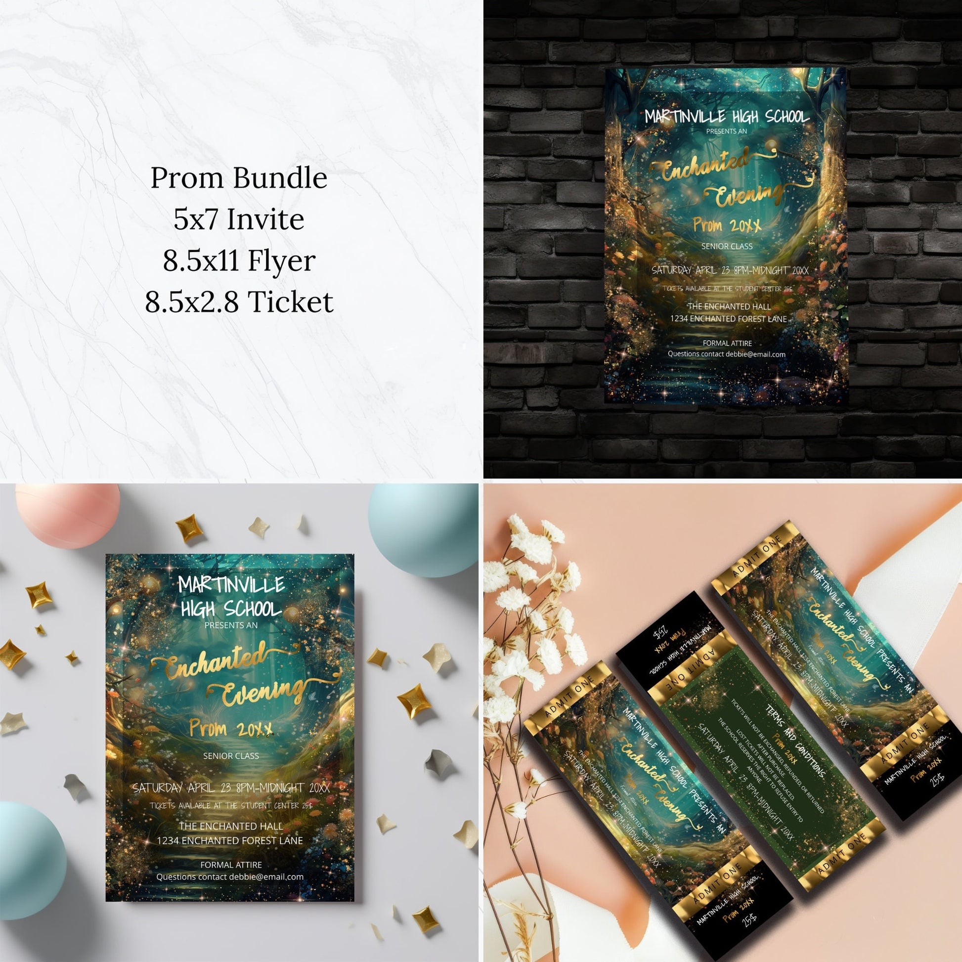 Enchanted Forest Prom Bundle | Invitation, Flyer & Ticket Editable Templates