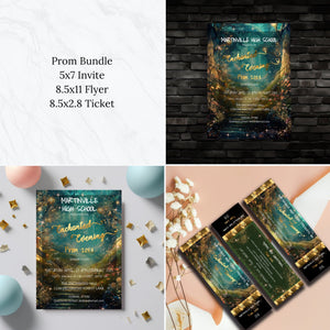 Enchanted Forest Prom Bundle | Invitation, Flyer & Ticket Editable Templates