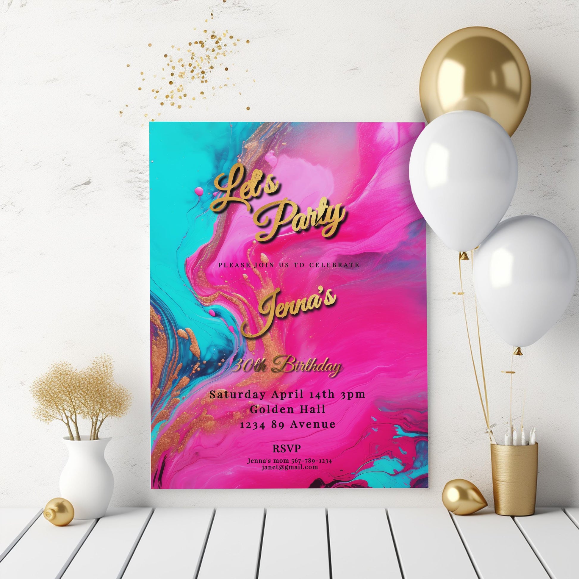 Hot Pink, Teal & Gold Birthday Editable Invitation 5x7in -brunch invite-Editable, Printable - style