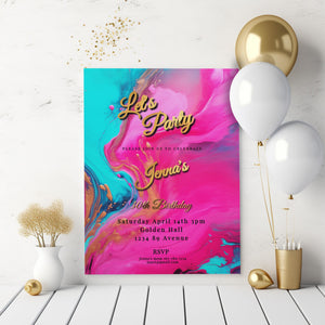 Hot Pink, Teal & Gold Birthday Editable Invitation 5x7in -brunch invite-Editable, Printable - style