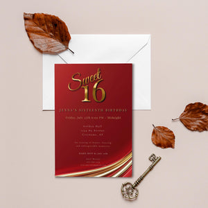 Red and Gold Sweet 16 Invite, Customizable Digital Invitation Template, Elegant Quinceanera Birthday Invite