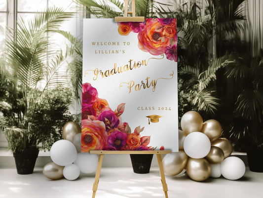 Hot Pink, Orange & Gold Graduation Welcome Sign Template