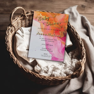 Hot Pink Floral Baby Shower Invitation – Alcohol Ink Editable Template
