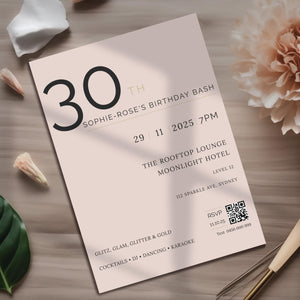 Blush & Gold 30th Birthday Invitation – Elegant Milestone Editable Template