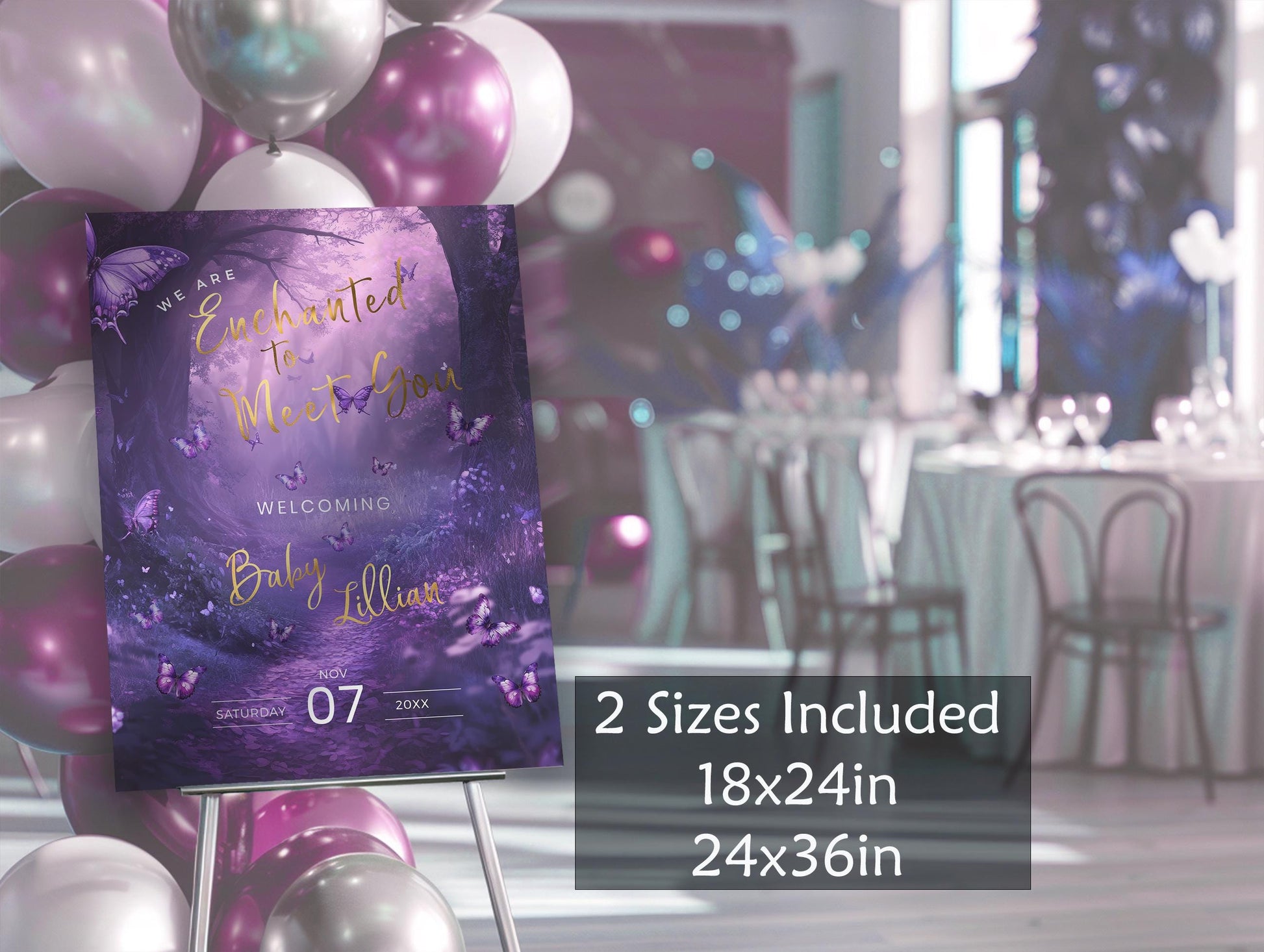 Enchanted Forest Baby Shower Welcome Sign – Purple Butterfly Editable Template