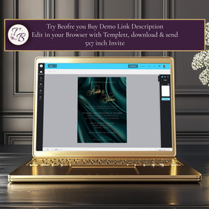 Teal Gold Wedding Invitation - Editable Printable 5x7 Card with Gold Foil Lettering