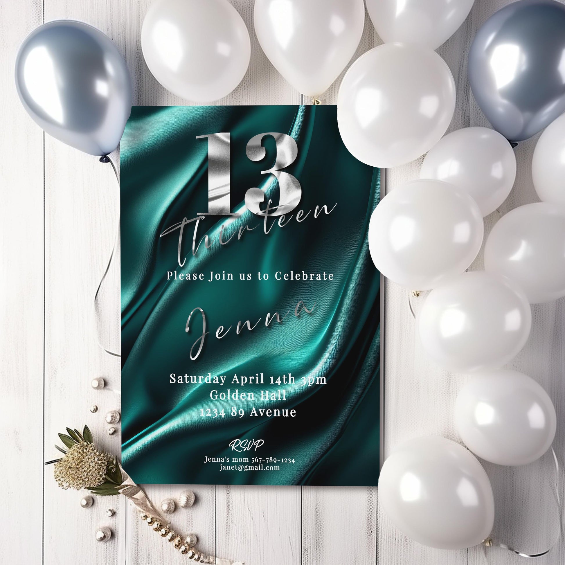 13th Birthday invitation girl teal-Invite Template - Official teenager-editable Digital Download, Teal and Silver-Teen Birthday