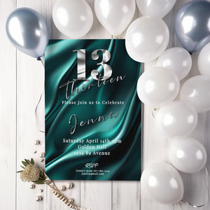 13th Birthday invitation girl teal-Invite Template - Official teenager-editable Digital Download, Teal and Silver-Teen Birthday