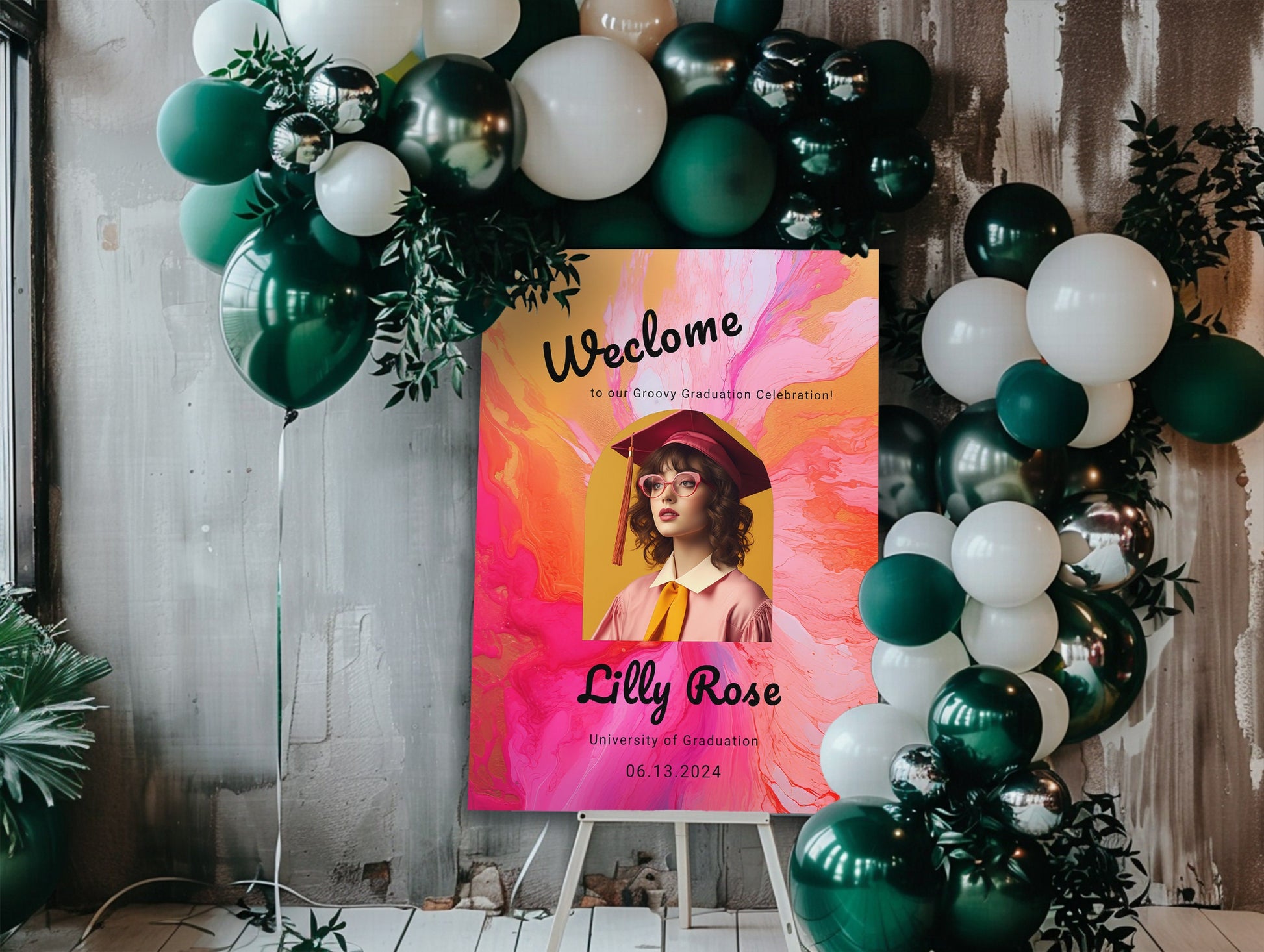 Groovy Retro Graduation Welcome Sign | Hot Pink Orange | Photo Arch | 18×24 / 24×36 | Editable Template