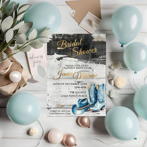 Blue Coastal Cowgirl Bridal Shower Invitation Template | Rustic Gold