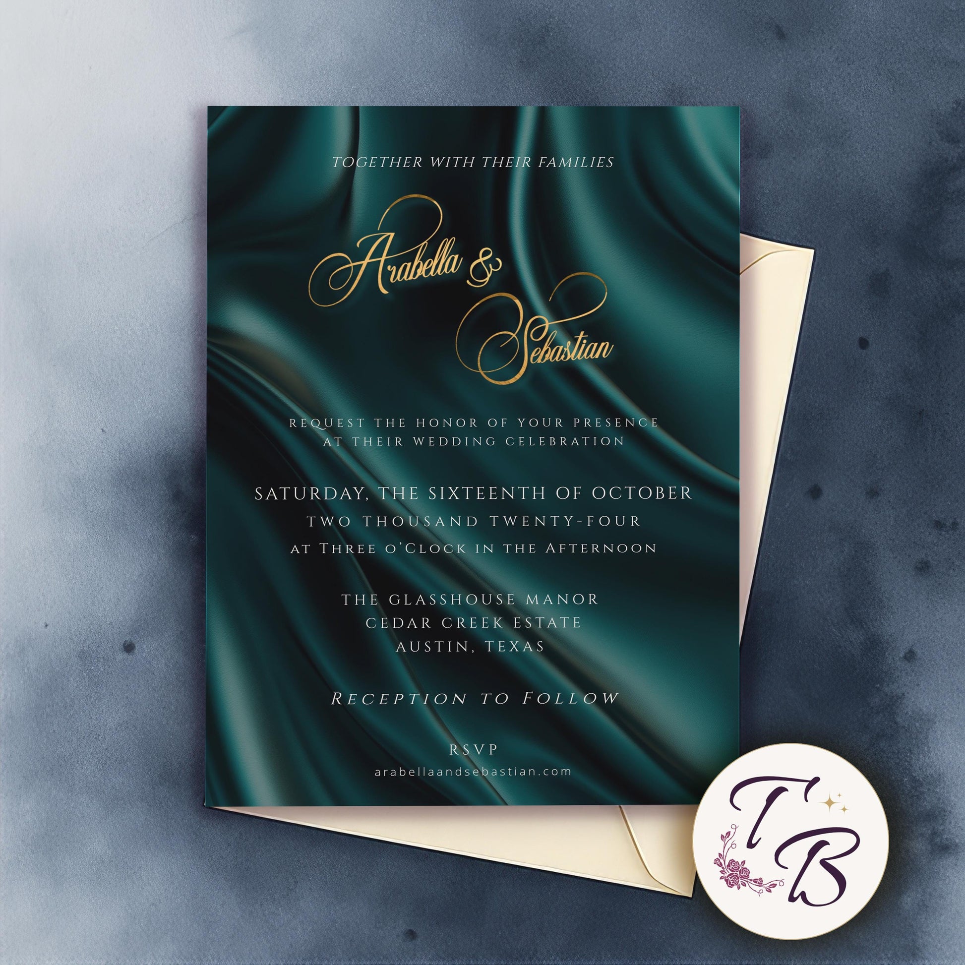 Teal Gold Wedding Invitation - Editable Printable 5x7 Card with Gold Foil Lettering