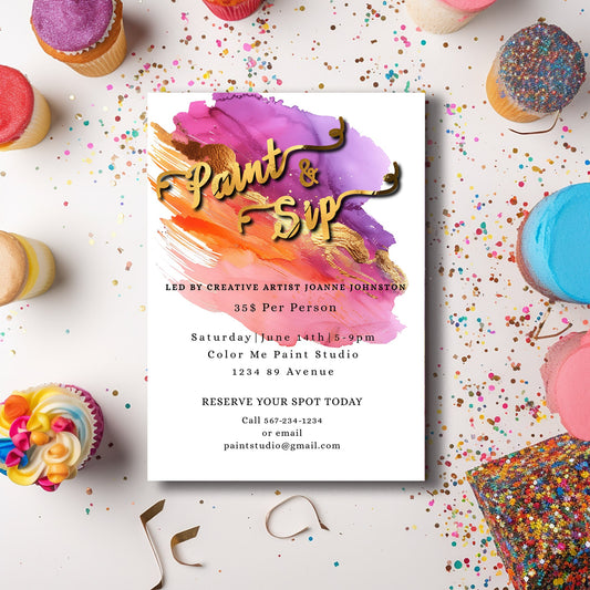 Paint Night Birthday Invitation | Paint & Sip Editable 5x7 Template | Gold Foil Party Evite