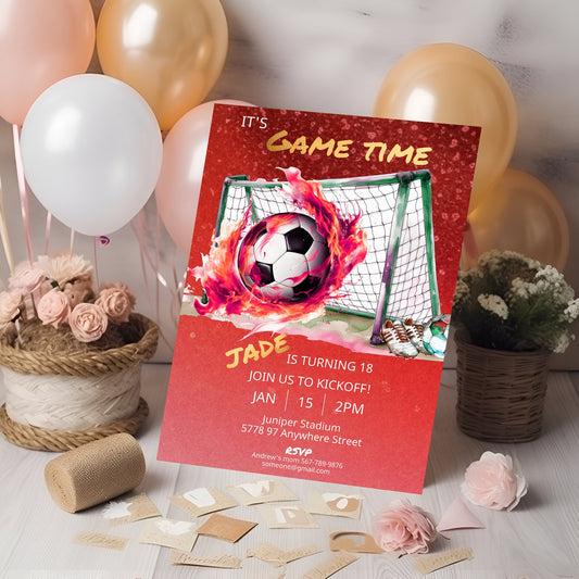 Soccer Birthday Invitation: Red & Gold, Editable Template (4x6 Printable)