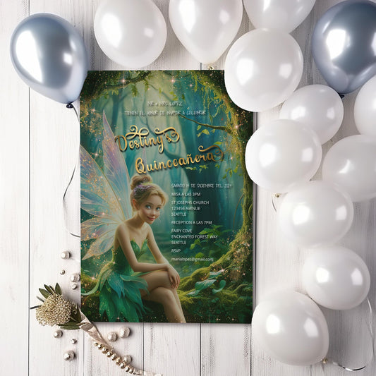 Enchanted Forest Quinceañera Invitation | Fairy Tale Green & Gold Editable Template