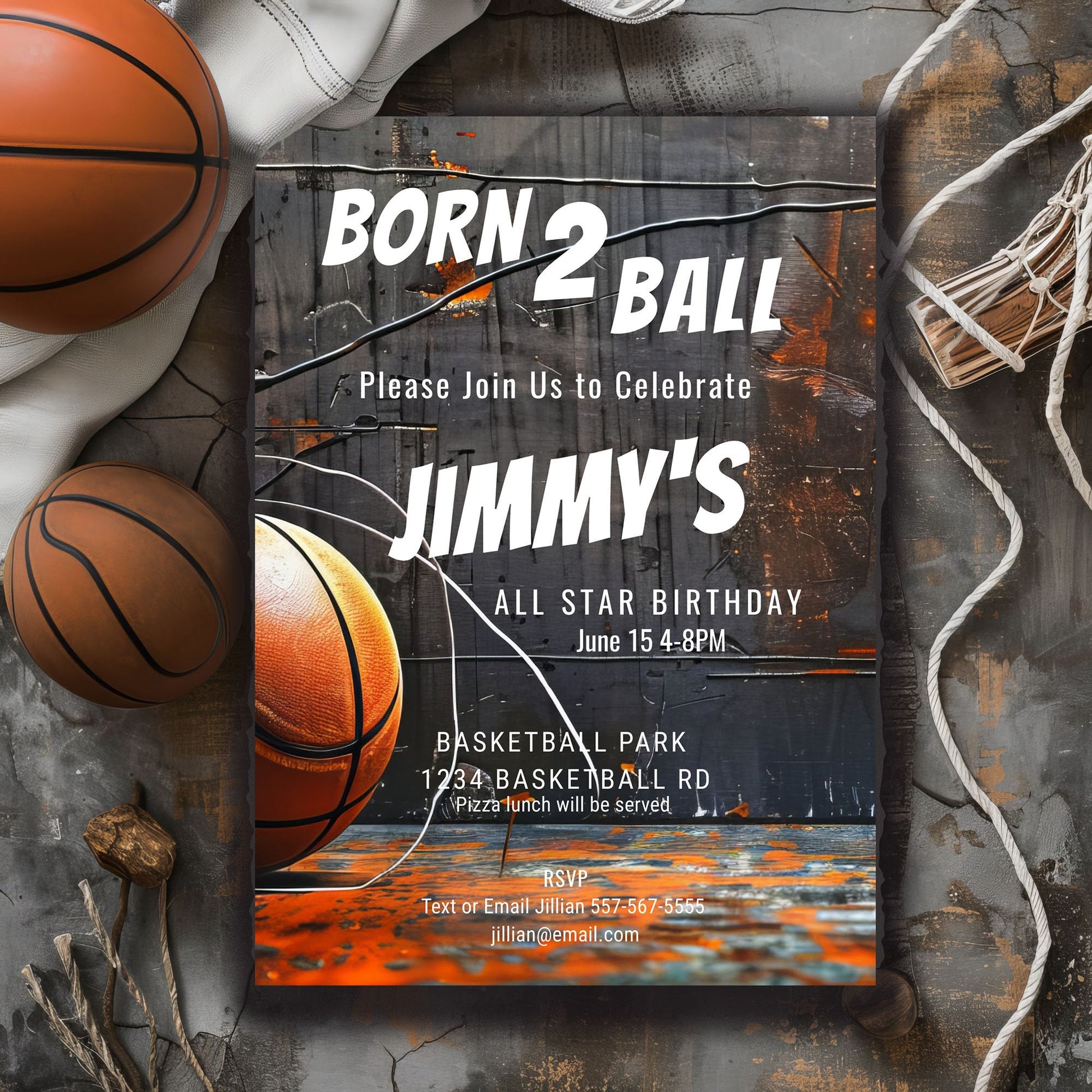 Basketball Birthday Invitation: Born 2 Ball, Grunge Style (5x7 Printable Template)