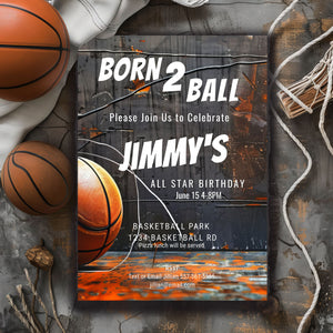 Basketball Birthday Invitation: Born 2 Ball, Grunge Style (5x7 Printable Template)