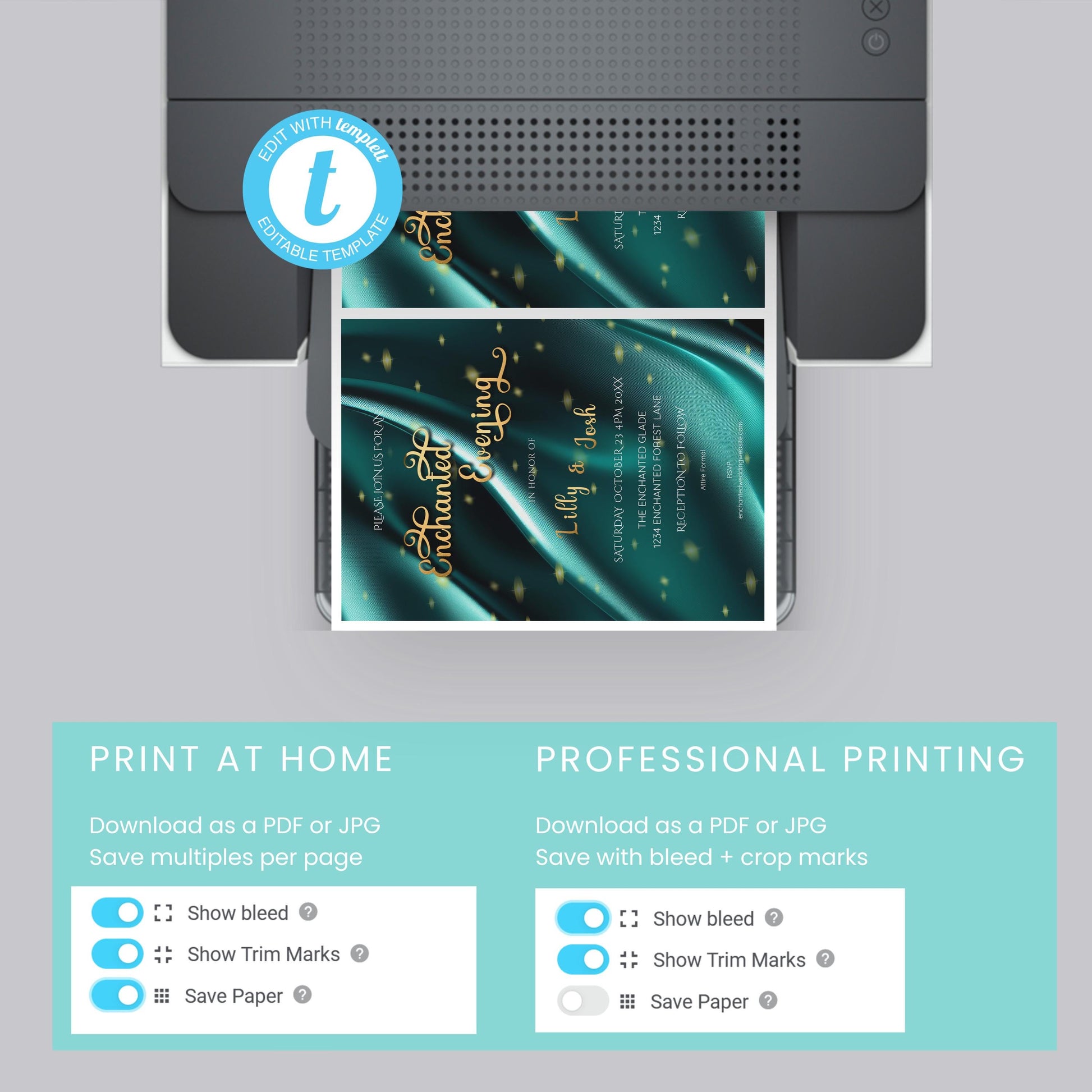 Teal & Gold Wedding Invitation | Elegant 5x7 Editable Template | Digital Download