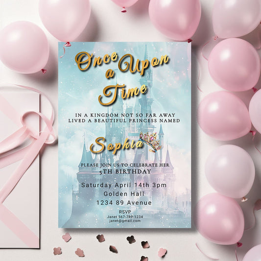 Blue Princess Birthday Invitation: Castle Theme, Editable Template (5x7 Printable)