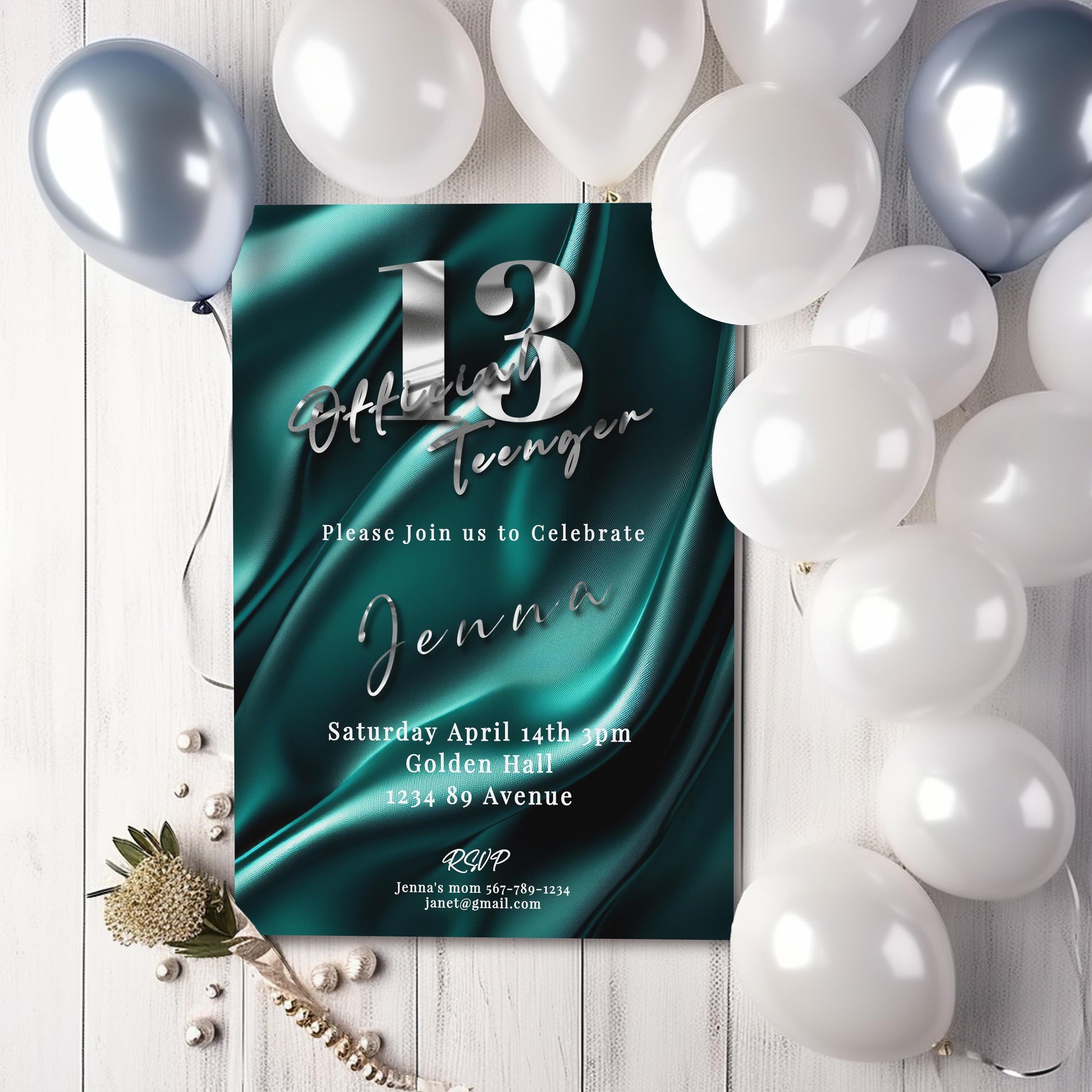 Teal & Silver 13th Birthday Invitation – Editable Teen Party Template