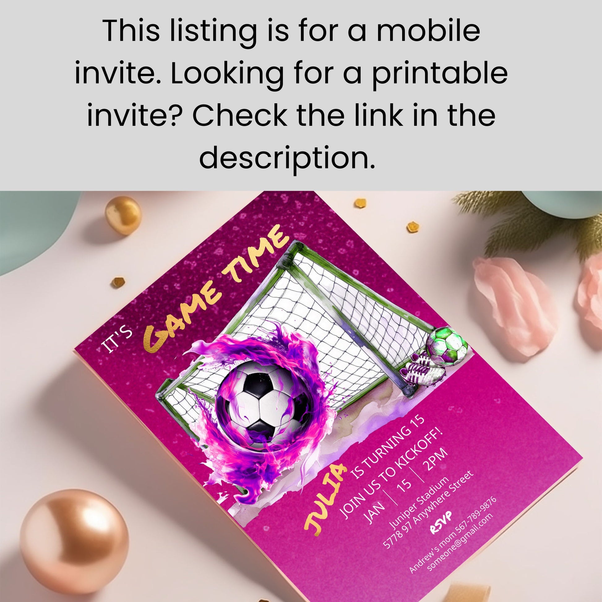 Pink Soccer Birthday Mobile Invite Template: Teen/Kids (Digital)