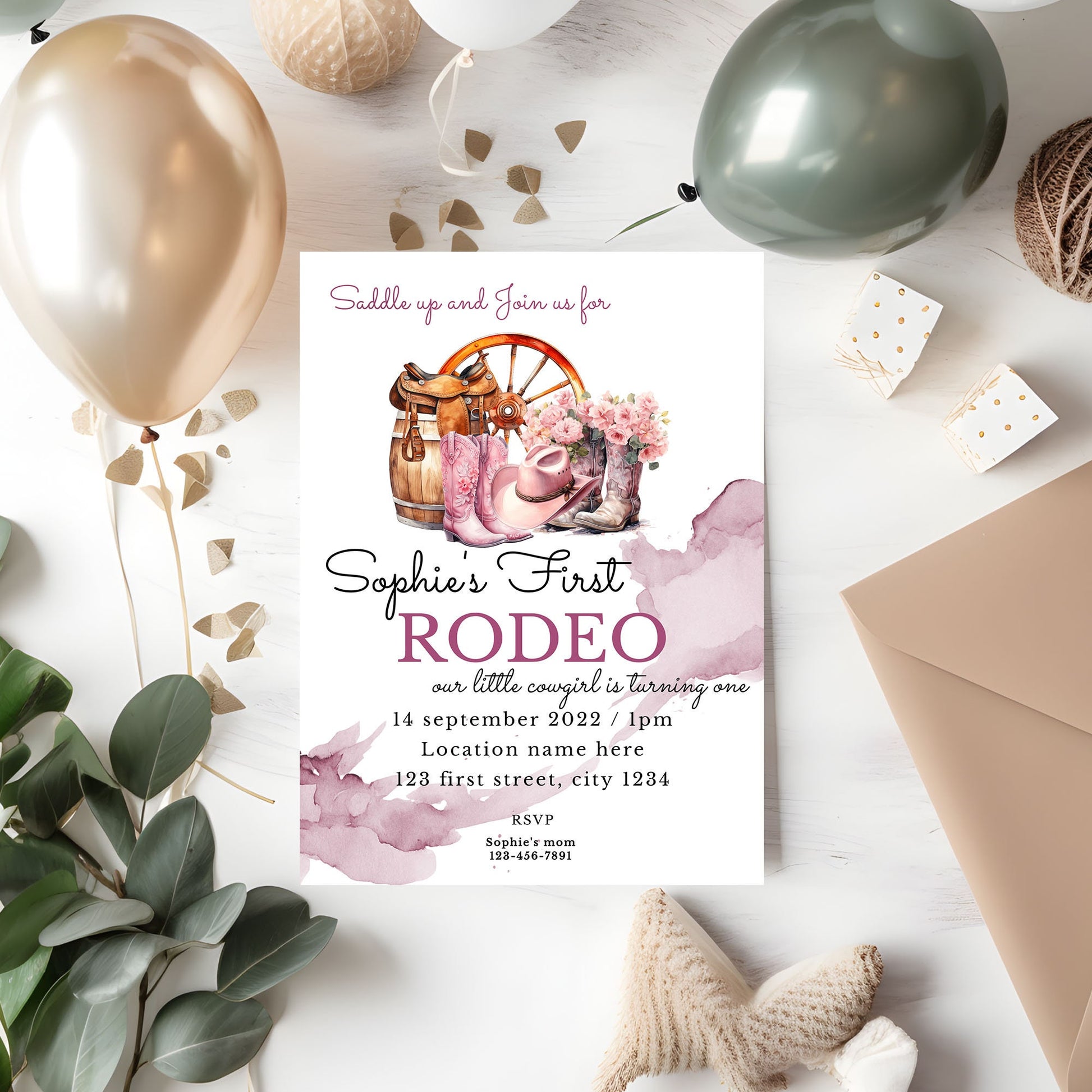 Cowgirl 1st Birthday Invitation Template: Western Rodeo Party (4x6, 5x7)