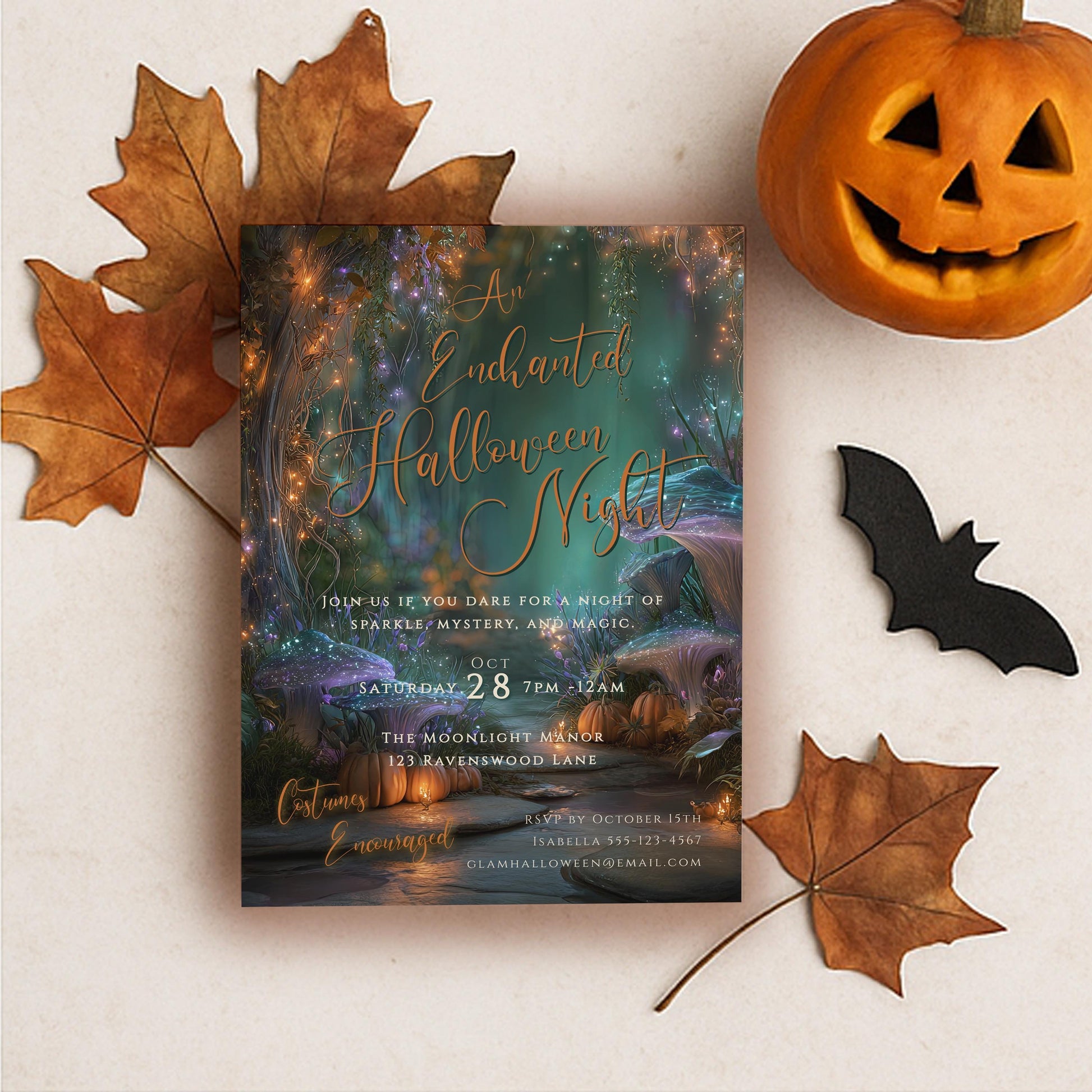 Halloween Party Invitation – Editable Pumpkin Template | Glam Enchanted Forest Invite