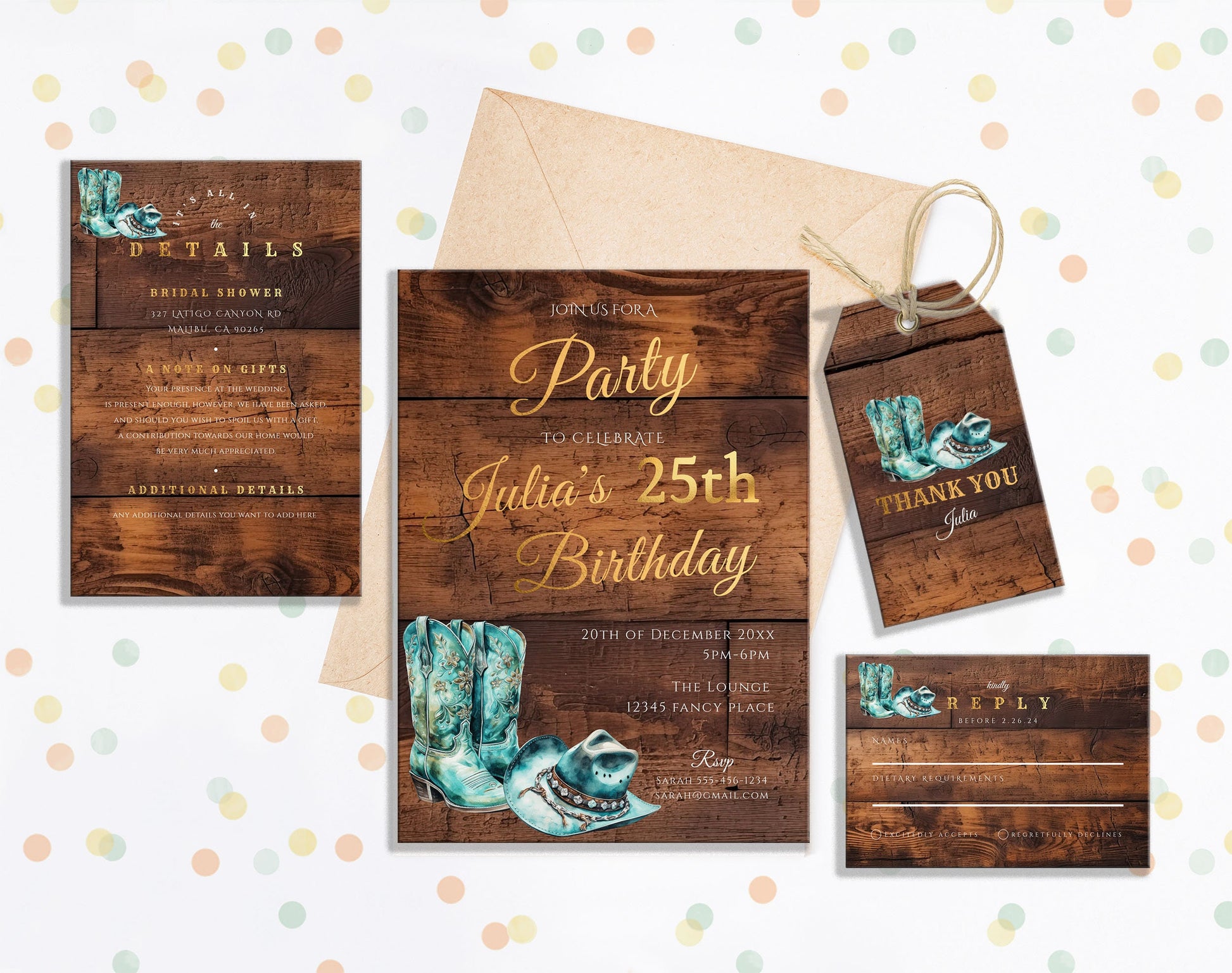 Turquoise Cowgirl Birthday Invitation Bundle | Rustic Western Editable Templates