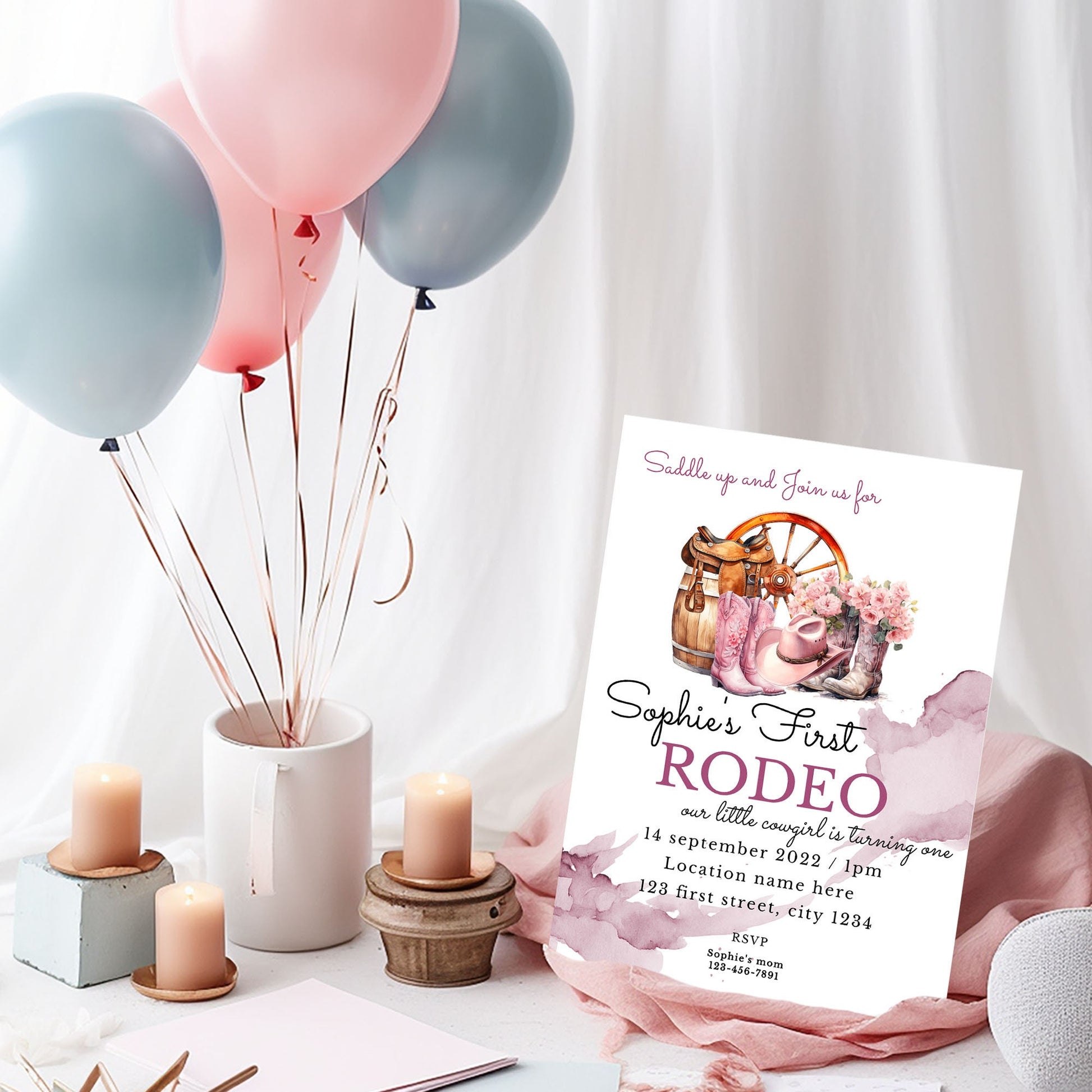 Cowgirl 1st Birthday Invitation Template: Western Rodeo Party (4x6, 5x7)