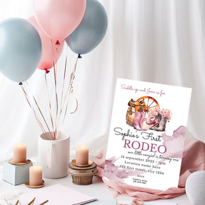 Cowgirl 1st Birthday Invitation Template: Western Rodeo Party (4x6, 5x7)